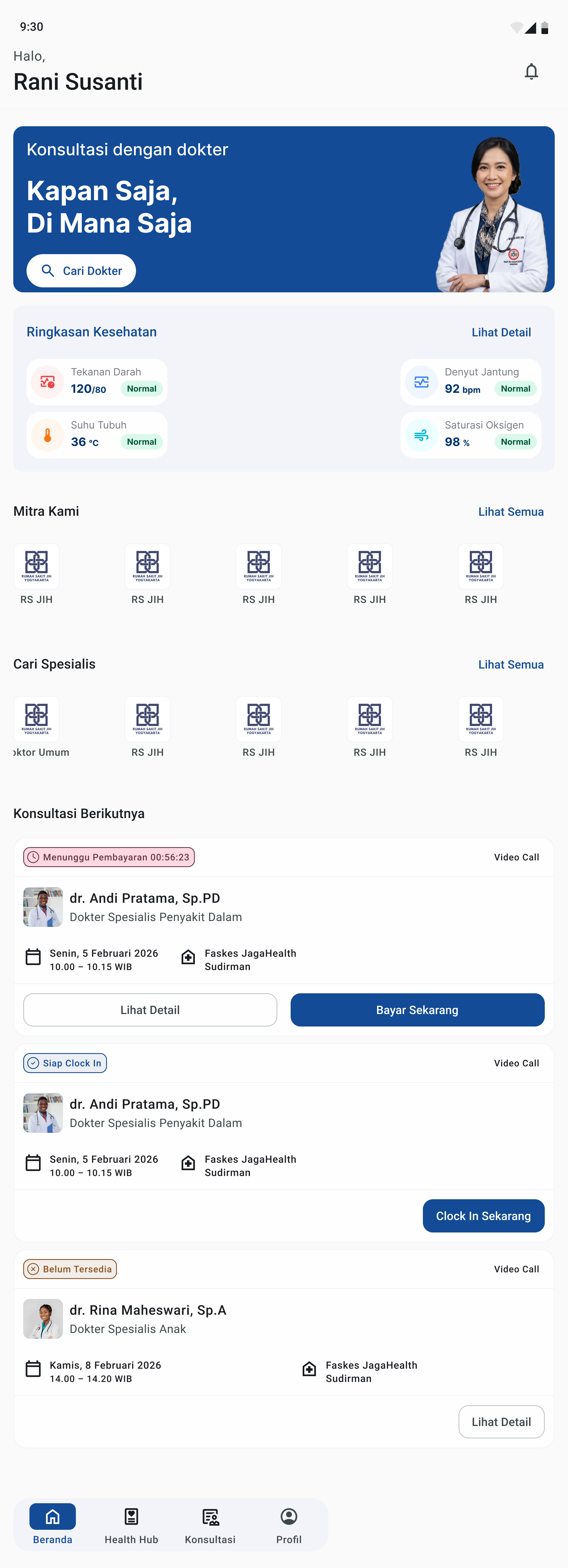 JagaHealth patient app home screen